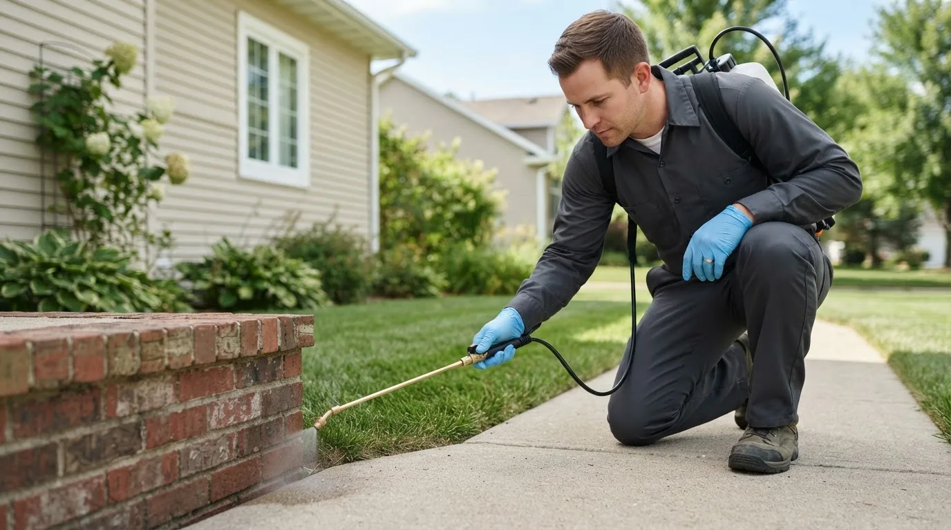 Pest control technician treating a home near Ruthven, IA