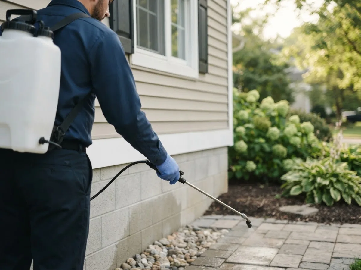 Pest control technician inspecting a home in Ruthven, IA